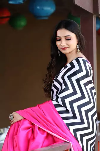 Pink Printed Satin Saree with Blouse Piece