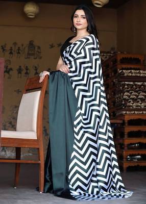 Blackish Green Printed Satin Saree with Blouse Piece 1