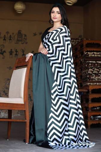 Blackish Green Printed Satin Saree with Blouse Piece