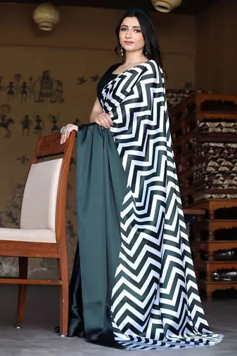 Blackish Green Printed Satin Saree with Blouse Piece