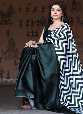 Blackish Green Printed Satin Saree with Blouse Piece 2