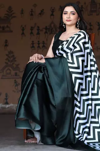 Blackish Green Printed Satin Saree with Blouse Piece
