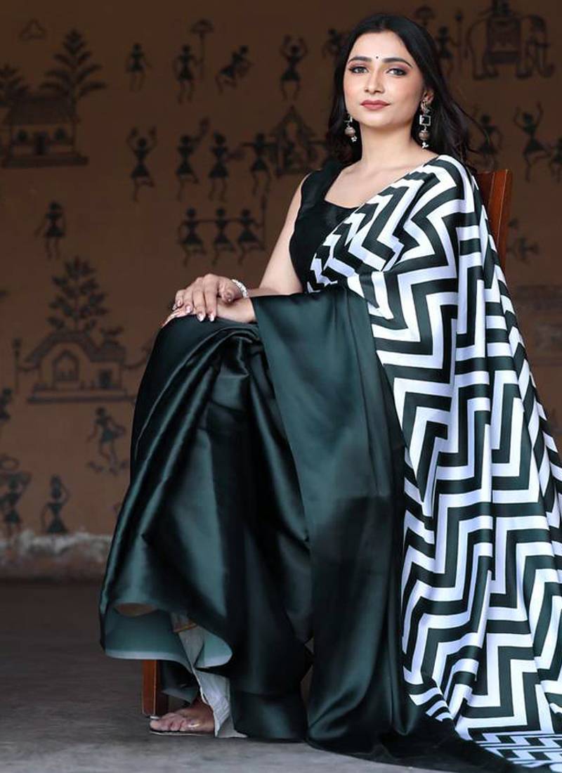 Blackish Green Printed Satin Saree with Blouse Piece