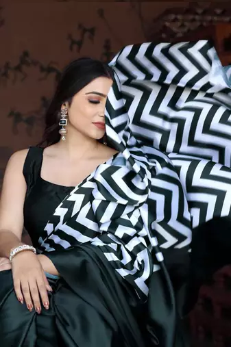 Blackish Green Printed Satin Saree with Blouse Piece