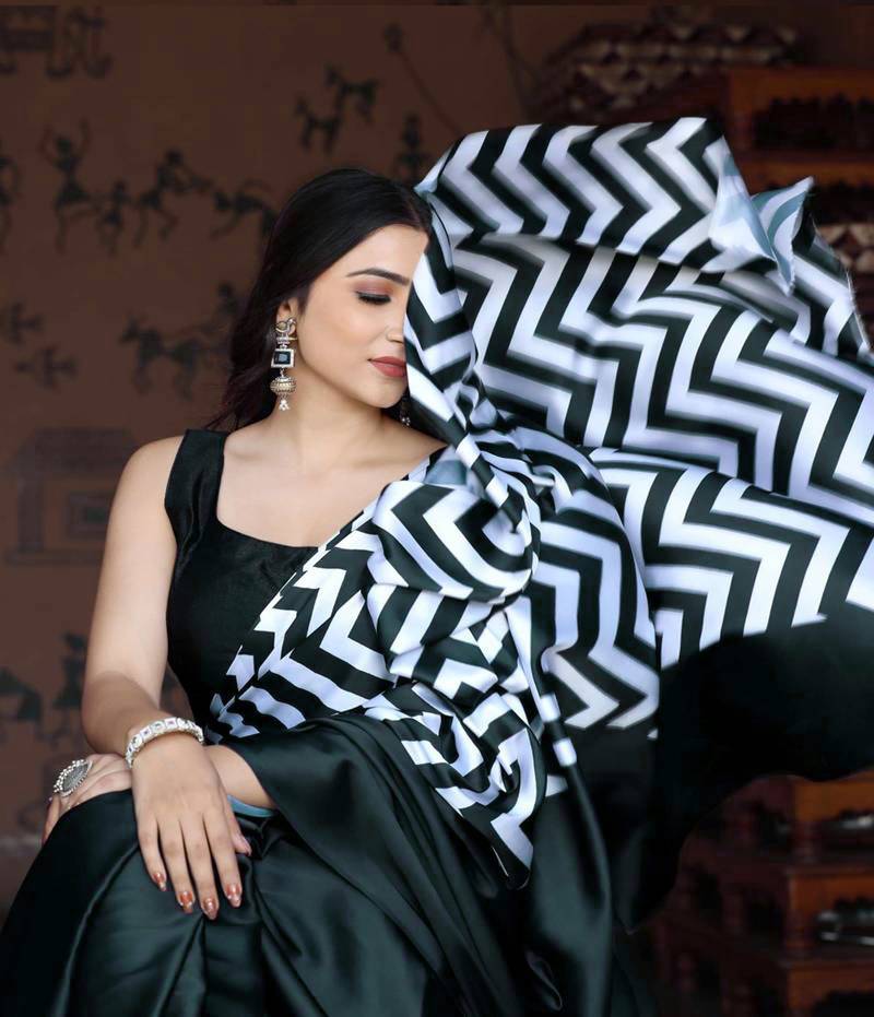 Blackish Green Printed Satin Saree with Blouse Piece