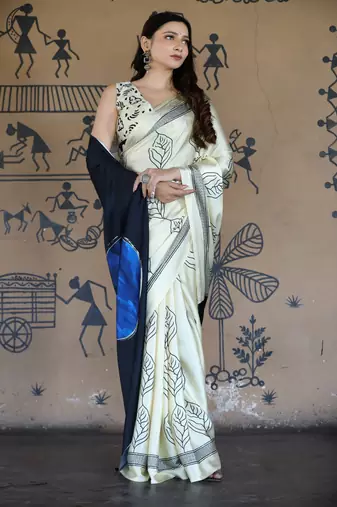 Beige Printed Satin Saree with Blouse Piece