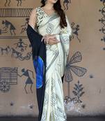 Beige Printed Satin Saree with Blouse Piece
