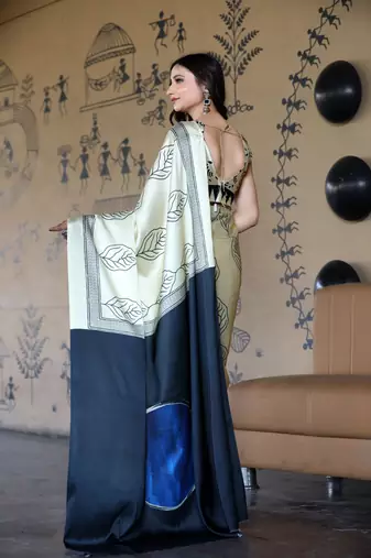 Beige Printed Satin Saree with Blouse Piece