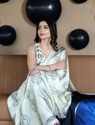 Beige Printed Satin Saree with Blouse Piece 3