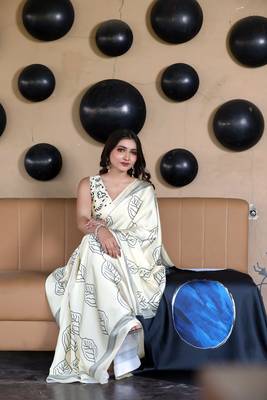 Beige Printed Satin Saree with Blouse Piece 4