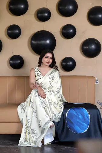 Beige Printed Satin Saree with Blouse Piece