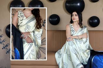 Beige Printed Satin Saree with Blouse Piece 5