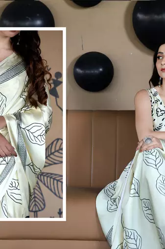 Beige Printed Satin Saree with Blouse Piece