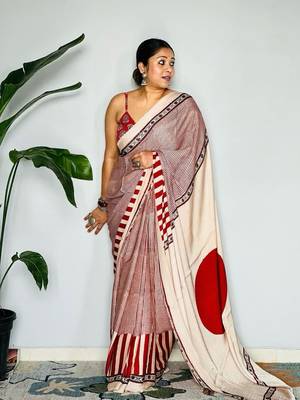 Red Printed Satin Saree with Blouse Piece 1