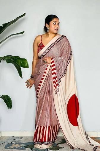 Red Printed Satin Saree with Blouse Piece