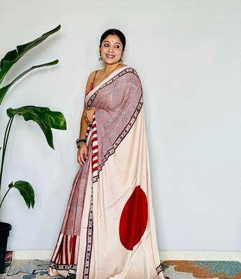 Red Printed Satin Saree with Blouse Piece 2
