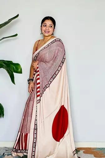 Red Printed Satin Saree with Blouse Piece
