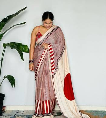 Red Printed Satin Saree with Blouse Piece 3