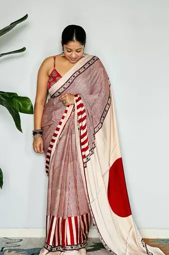 Red Printed Satin Saree with Blouse Piece