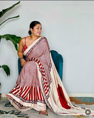 Red Printed Satin Saree with Blouse Piece 4