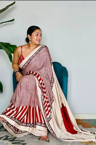 Red Printed Satin Saree with Blouse Piece
