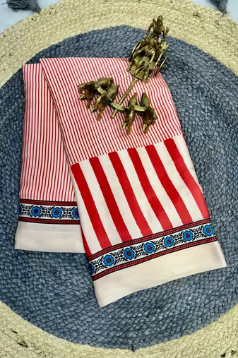 Red Printed Satin Saree with Blouse Piece