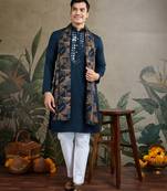 Teal blue viscose rayon self design zari work real mirror work kurta with dupatta