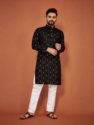 Black soft cotton embroidery sequance work kurta pajama set 1