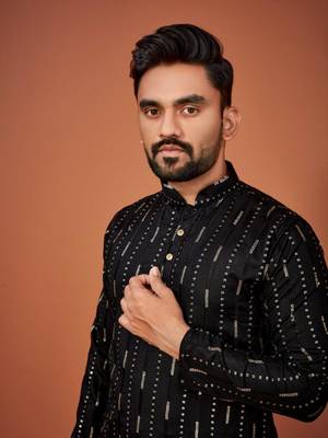 Black soft cotton embroidery sequance work kurta pajama set 4