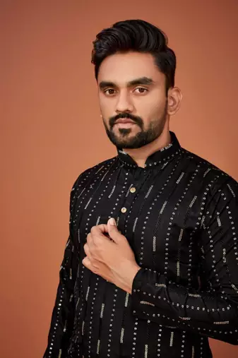 Black soft cotton embroidery sequance work kurta pajama set