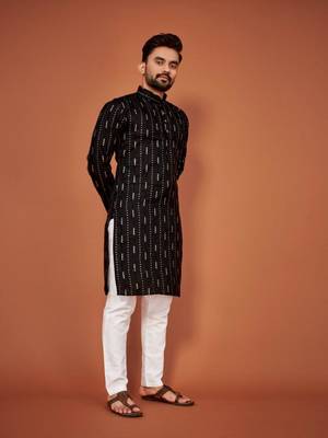 Black soft cotton embroidery sequance work kurta pajama set 5