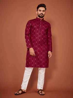 Maroon soft cotton embroidery sequance work kurta pajama set 1