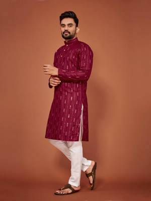 Maroon soft cotton embroidery sequance work kurta pajama set 2