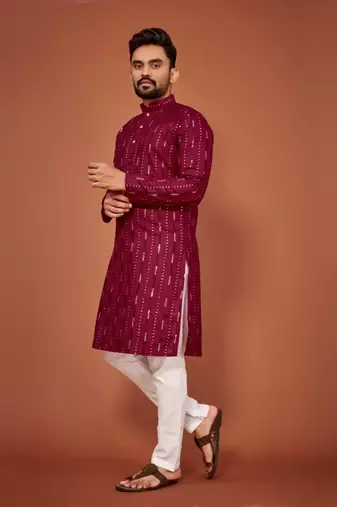 Maroon soft cotton embroidery sequance work kurta pajama set