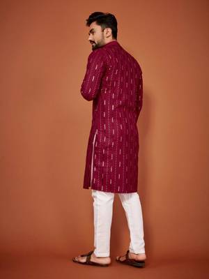 Maroon soft cotton embroidery sequance work kurta pajama set 3