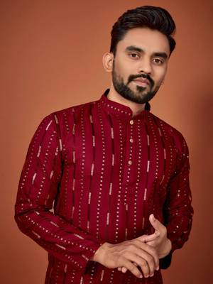 Maroon soft cotton embroidery sequance work kurta pajama set 4