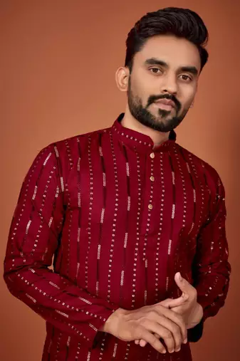 Maroon soft cotton embroidery sequance work kurta pajama set
