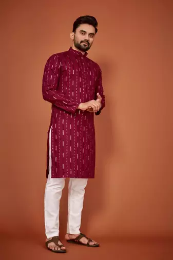 Maroon soft cotton embroidery sequance work kurta pajama set