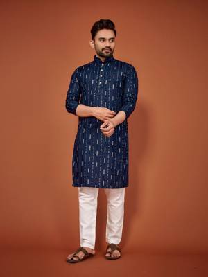 Navy blue soft cotton embroidery sequance work kurta pajama set 1