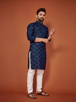 Navy blue soft cotton embroidery sequance work kurta pajama set 2