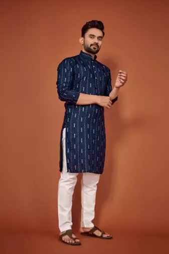 Navy blue soft cotton embroidery sequance work kurta pajama set