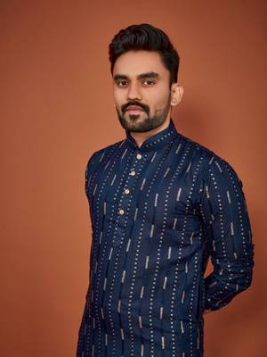 Navy blue soft cotton embroidery sequance work kurta pajama set 3