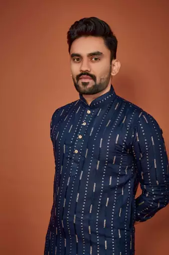 Navy blue soft cotton embroidery sequance work kurta pajama set
