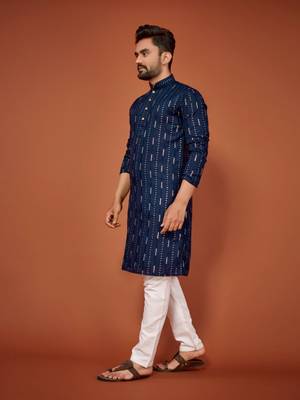 Navy blue soft cotton embroidery sequance work kurta pajama set 4