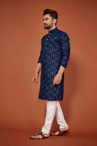 Navy blue soft cotton embroidery sequance work kurta pajama set