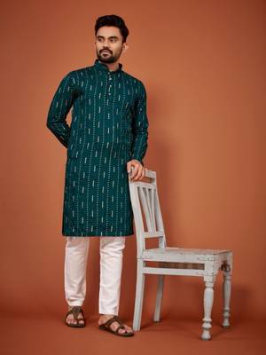 Teal soft cotton embroidery sequance work kurta pajama set 1