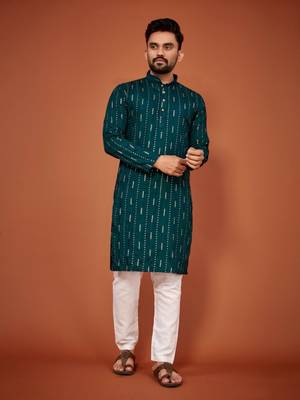 Teal soft cotton embroidery sequance work kurta pajama set 2