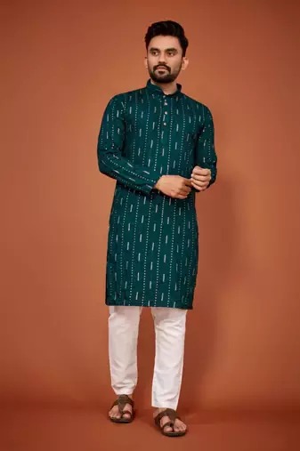 Teal soft cotton embroidery sequance work kurta pajama set