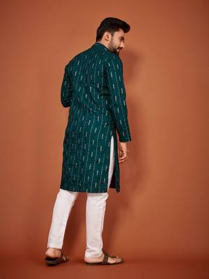 Teal soft cotton embroidery sequance work kurta pajama set 3