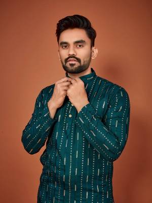 Teal soft cotton embroidery sequance work kurta pajama set 4